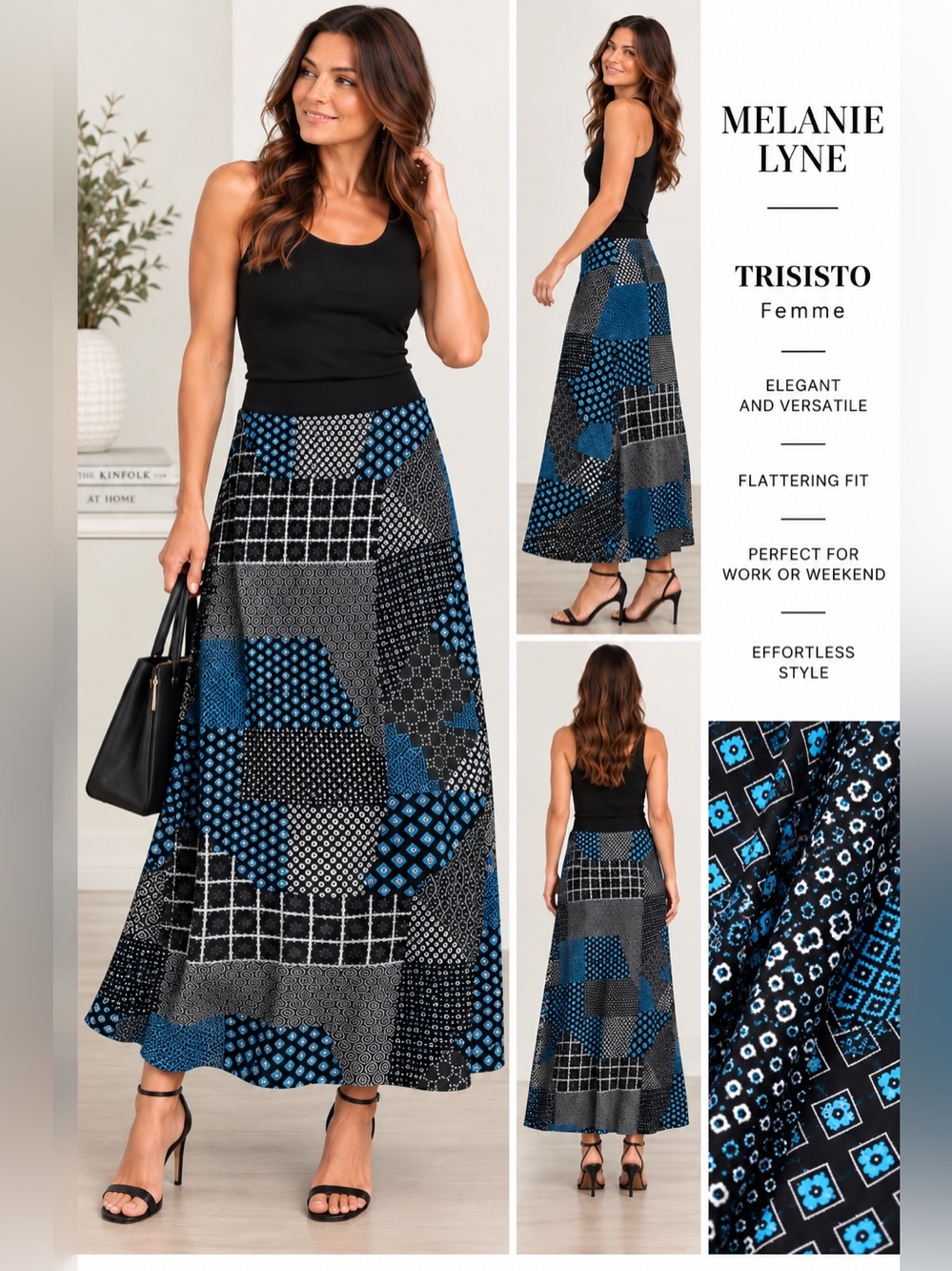 Melanie Lyne TRISISTO Femme Black, White & Blue Geometric Patchwork Maxi Skirt –